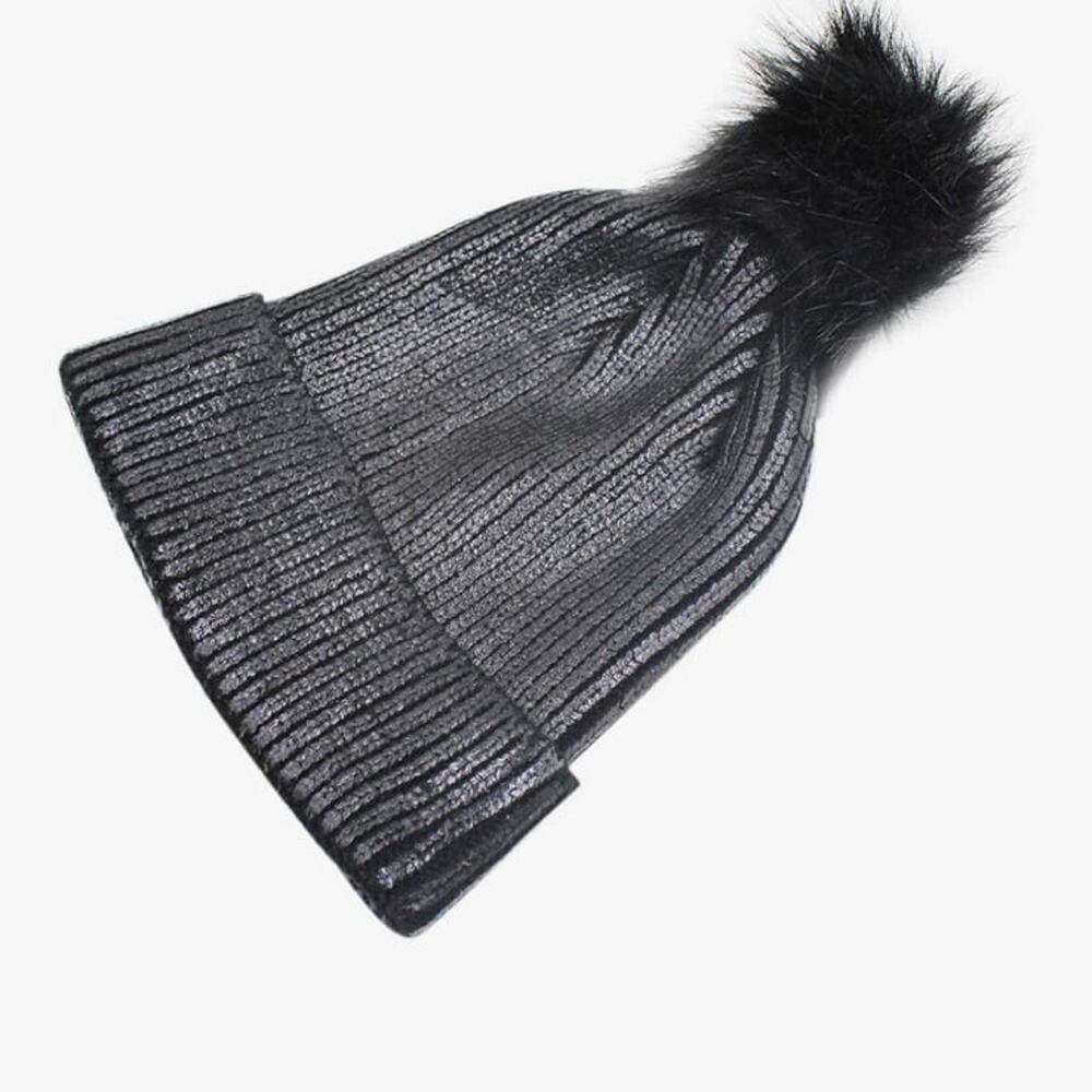 Womens Girls Black Metallic Knit Beanie Pom Pom Winter Hat